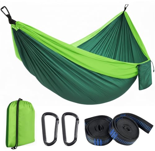 Camping Hängematte Outdoor, Ultraleichte Tragbare Hängematten mit Karabinern und Baumgurten, Campingausrüstung für Kinder, Nylon Reisebaum Hängematten für Garten Wand(Grün)