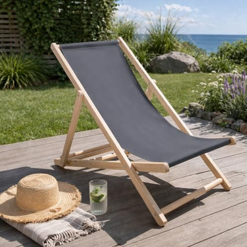 HAGO24 Strandliege Anthrazit Sonnenliege Gartenliege Liegestuhl Klappstuhl Holz Kiefernholz Polyester 3fach verstellbar faltbar Balkon Terrasse 120kg