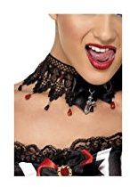 Smiffys Gothic Ribbon and Lace Beaded Necklace, Black , Halloween Fancy Dress Accessory, Halloween Dress Up Jewellery