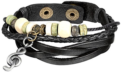JewelryWe Schmuck Armband, Leder Legierung Holz, Musiknote Notenschlüssel Beads Kugeln Geflochten Lederarmband Partnerarmband, Armreif für Damen und Herren, Schwarz