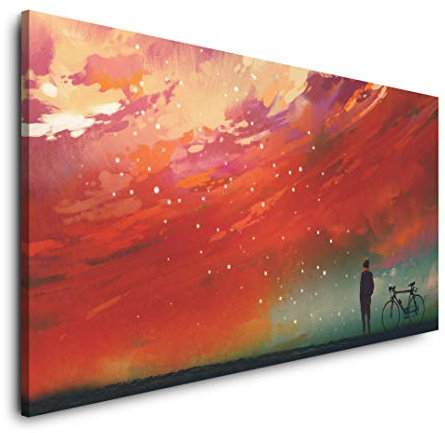Mann mit Fahrrad vor roten Wolken 120x 60cm Panorama Leinwand Bild XXL Format Wandbilder Wohnzimmer Wohnung Deko Kunstdrucke