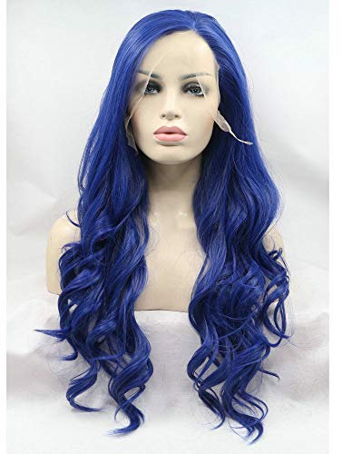 33 x 7,6 cm vorgezupfte saphirblaue Perücke, langes Kunsthaar für Damen, dunkelblaue Meerjungfrau-Perücke mit Lace-Front, für Drag Queen, halb handgeknüpft, für Damen, Party, Cosplay, Haarperücke, 66