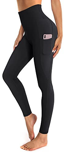 OUGES Damen Sport Leggings High Waist Leggins Yogahose Blickdichte Sporthose mit Taschen (Schwarz,L)