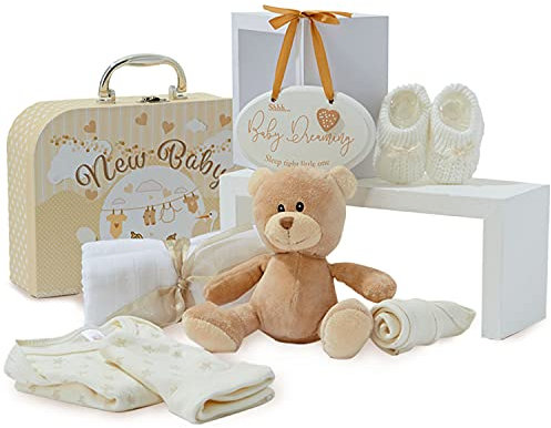 Baby Box Shop Babyparty Geschenk Neutral - 9 Gender Reveal Geschenk, Babybox, Baby Geschenkkorb, Neugeborene Geschenkset, Baby Shower Gifts Geschenksets für Babys, Baby Shower Geschenke - Crème