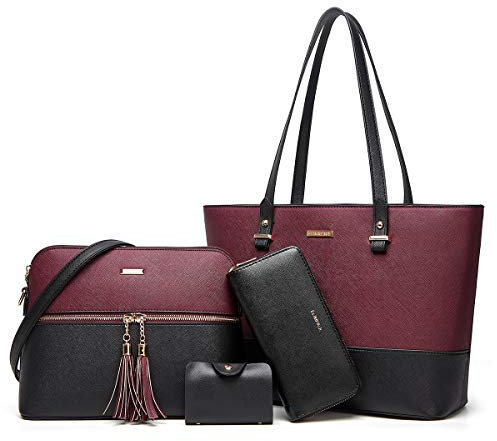 YTL Damen Handtasche Tote Shopper Groß Schultertasche Umhängetasche Geldbörse Kartenhalter Tasche 4-teiliges Set für Büro Schule Einkauf Reise Geschenk schwarz Wein