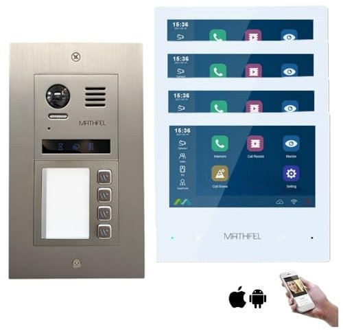 MATHFEL 2 Draht Bus Technik 4 Familienhaus Video Türsprechanlage Gegensprechanlage Fischaugenkamera 170 Grad, 4x7'' Monitor mit WLAN
