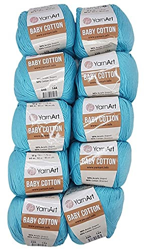 10 x 50g Strickwolle YarnArt Baby Cotton mit 50% Baumwolle, 500 Gramm Wolle einfarbig (turkis 446)