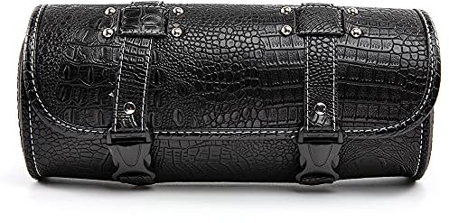 APEBAZY Motorrad Lenkertasche mit 2 Befestigungsgurten, Schwarzes PU Krokodilleder Satteltaschen Runde Gabeltaschen Stylische Nietroll Seitentasche zur Aufbewahrung Kleiner Werkzeuge