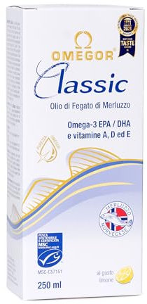 Olio di Fegato di Merluzzo Liquido OMEGOR Classic 250ml - Senza Retrogusto di Pesce - Omega 3 Liquido 1000mg con Vitamine A, D, E - 540mg DHA 360mg EPA