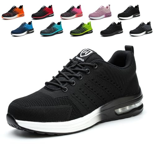 Hitopteu Sicherheitsschuhe Herren Arbeitsschuhe Damen Leicht Sportlich Arbeitsturnschuhe mit Stahlkappe rutschfest Atmungsaktiv Schwarz-Weiss 39 EU 245