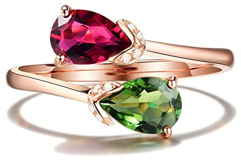 18 Karat (750) Rotgold Verlobungsring Damen, Verlobungsring Blume Birne Rot Turmalin Grün Diamant 0.82ct Ring Größe 63 (20.1)