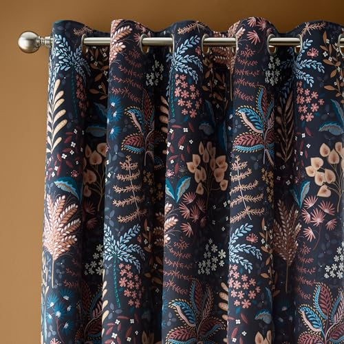 Catherine Lansfield Exotic Leaves Soft Recycled Polyester Velour 66x90 Inch Eyelet Curtains Two Panels Black