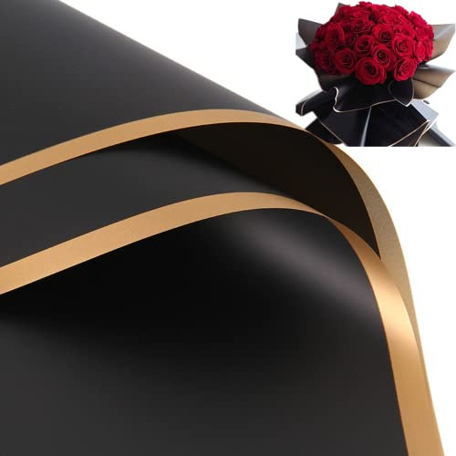 Geschenkpapier mit goldenem Rand, Blumenmotiv, wasserdicht, dickes Geschenkpapier, Geschenk- oder Geschenkbox, Verpackungspapier, 58,4 x 58,4 cm (schwarzer und goldener Rand), 20 Blatt