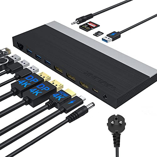 USB C Docking Station mit Dual DisplayPort +4K HDMI, WAVLINK 130W Docking Station USB C Hub mit DC Netzteil, HDCP, Gigabit Ethernet, 3 USB, BC1.2 USB, SD/TF, Audio Port für Windows, Mac