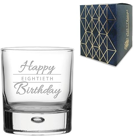 Engraved 80th Birthday Gift, Bubble Whisky Glass, Holds 11.5oz, 340ml, Gift Boxed, Happy Birthday Script Design, Gift for Him or Her, Laser Engraved in The UK
