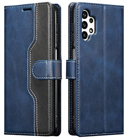 EYZUTAK Leather Flip Wallet Phone Case for Samsung Galaxy A13 5G/4G/A04S, Magnetic Closure PU Case with Kickstand 3 Card Holder 1 Cash Slot Shockproof Flip Folio Leather Phone Cover - Blue+Black