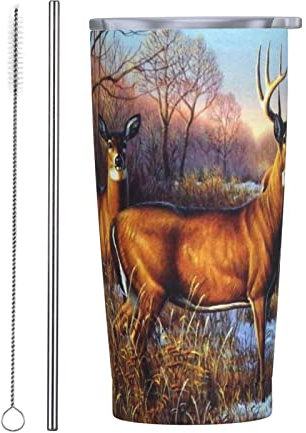 IUBBKI Thermobecher aus Edelstahl, 590 ml, Hirsche Schnee Bild, Kaffee Reisebecher, klassisches Auto, Kaffeetasse mit Strohhalmen, Bürobecher, für Camping, Outdoor, Zuhause