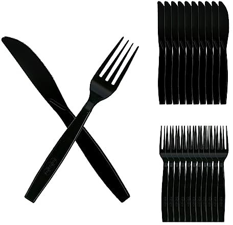 200 Stück Plastikbesteck Schwarz,Plastikbesteck Wiederverwendbar Set,Plastikbesteck Messer Gabel 100 Personen (Schwarz)