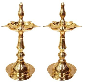 TIED RIBBONS 10 Inch Kerela Stand Samai Brass Diyas for Diwali | Set of 2, Golden | Diwali Diya Oil Lamps for Pooja, Diwali, Maha Shivratri Decor, Traditional Indian Return Gifts | Diwali Diya Brass