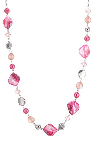 FULU AUTUMN Long Silver Beaded Necklace for Women Chain Necklace with Shell Crystal Pearl Beads Fashion Jewellery Gifts for Girlfriends(Hot pink)