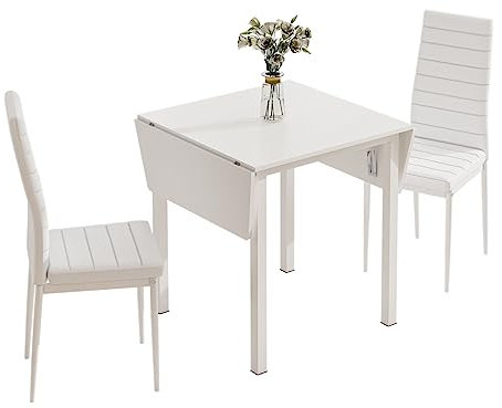 JEFFORDOUTLET Dining Table and Set of 2 Chairs, Drop Leaf Kitchen Table With White PU Leather High Back Chair