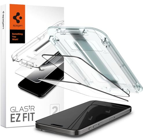 SPIGEN EZ Fit Glas.tR Vollständige Abdeckung Displayschutzfolie Design für Apple iPhone 15 Pro (2023) [6,1 Zoll] Auto Alignment Kit Premium gehärtetes Glas [2er-Pack] – Schwarz