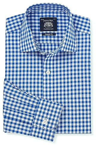 THE SAVILE ROW COMPANY LONDON Men's Classic Fit Cotton Poplin Long Sleeve Formal Dress Shirt - Single Cuff - Bold Blue Gingham Check - 16.5 Collar - Lengthened Sleeve