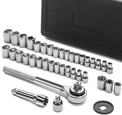 Stark SAE/Metric 40-teiliges SAE und metrisches Steckschlüssel-Set, 1/4-Zoll- und 3/8-Zoll-Antrieb, Ratschengriff, Verlängerungsstange, Tragetasche