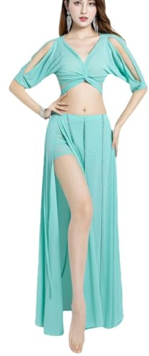 HEARTTOUCH Damen Bauchtanz Kostüm Glänzend Oberteil Bauchfrei Kurzarm Crop Top Tanzrock Tanzkostüm Belly Dance Outfit für Karneval Fasching