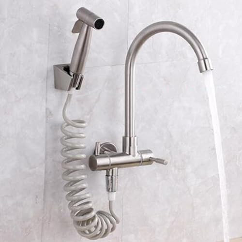 JQFDD Rubinetto Cucina a Muro Solo Acqua Fredda Acciaio Inox Rubinetto Cucina con Pistola a Spruzzo Rubinetto da Muro Spazzolato-B