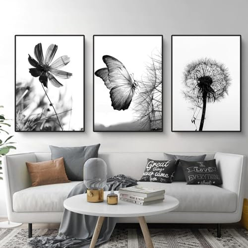 Martin Kench 3er Poster Set Aesthetic Schwarz-Weißer Schmetterling Blume Löwenzahn Bilder Set Moderne Wandbilder Wohnzimmer Schlafzimmer Wanddeko Art ohne Rahmen