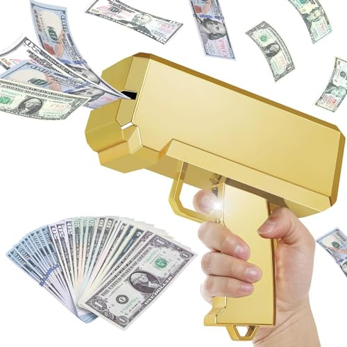 Money Gun Shooter and Prop for Movies, Handheld Cash Toy Paper Playing Dispenser Fake Gun for Party, Pretend Play Toy (Gold)