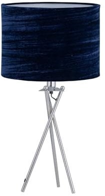 firstchoicelighting Polished Chrome Tripod Table Lamp or Bedside Light, Modern, Navy Blue Crushed Velvet Shade, Height 52cm, LED Compatible