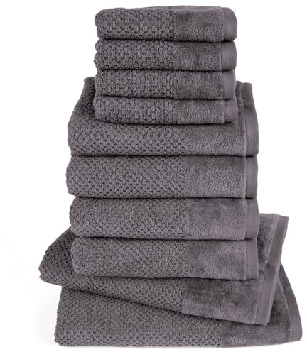 Pure Label Handtuch Set 10tlg 2xDusch 4xHand 2xGäste 2xWasch Anthrazit | 100% Baumwolle, weich & saugstark - Waschbar bis 60∘C, trocknergeeignet