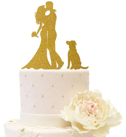 iEventStar Acryl Hochzeitstortenaufsatz für Braut und Bräutigam mit einem Hund Party Kuchen Dekoration (Paar mit 1 Hund, Glitzergold)