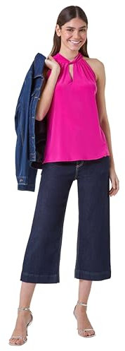 Roman Originals Womens Floral Twist Neck Vest Top - Ladies Smart Casual Office Work Tops Detail High Neck Blouse Asymmetric Dipped Hem Vest - Cerise - Size 20