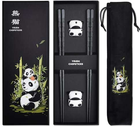 Reusable Fiberglass Chopsticks With Holder - Chinese Gift Set, Dishwasher Safe Alloy Utensils + Ceramic Cute Panda Rest (2 Pairs)
