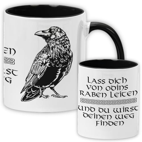 Wikinger Tasse mit Spruch | lass dich leiten | Keramik Kaffeetasse | Odins Raben | Yggdrasil | Metbecher 330 ml | 0040