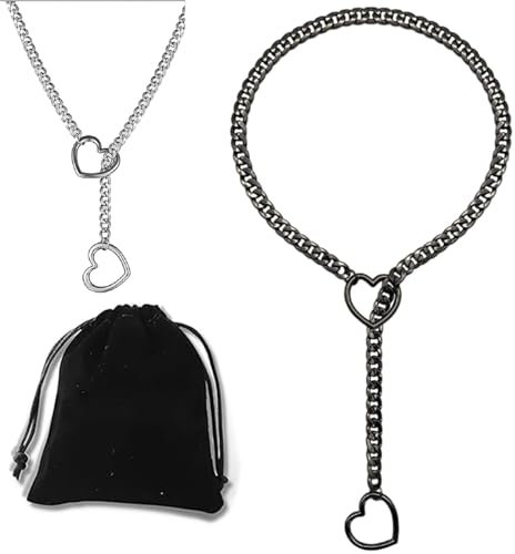 Love Shackles Necklace, Loveshackles - Heart Slip Chain, Heart O-Ring Slip Chain Necklace, Handmade Punk Gothic Cuban Necklace (Black, Large), Large, Stainless Steel, No Gemstone