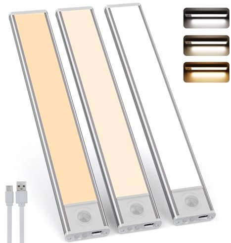 Pinlanuo Under Cabinet Kitchen Lights, 3 Colour Temperatures Dimmable Cupboard Lights, USB Rechargeable Motion Sensor Lights Indoor 20CM for Stairs Wardrobe Shelf(3 Pack)