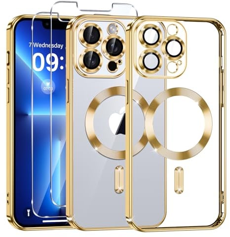 Phoona Klare Magnetisch Hülle für iPhone 13 Pro Max 6,7 Zoll, mit 2 Stück Gehärtete Glas Schutzfolie, Anti-Gelb, Stoßfest Kabellosem Laden, Anti Scratch, Gold