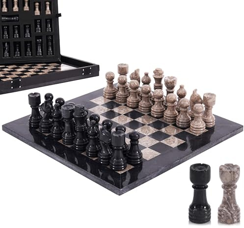 Marmor-Schachspiel 30,5 cm – handgefertigt mit 32 Figuren, 2 Extra-Königinnen & Box. Edles Reisespiel & stilvolles Geschenk zur Dekoration (Black & Oceanic)