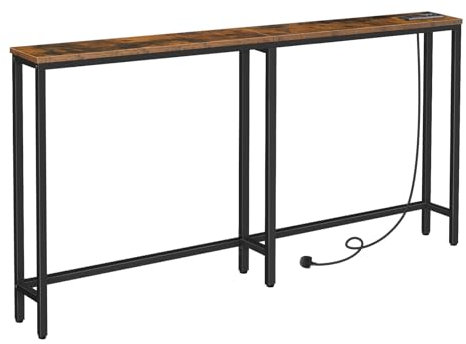 HOOBRO Narrow Console Table with Charging Station, 160 cm Behind Sofa Couch Table, Long Hallway Table, Slim Console Table for Hallway, Entryway, Living Room, Rustic Brown and Black EBF165KXG01