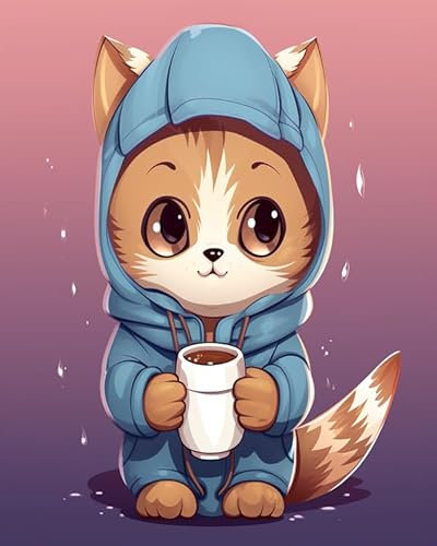 Kits de peinture par numéros pour adultes,Un chat mignon portant un sweat à capuche tient une tasse,Kits de peinture par numéros sur toile,Peinture à l'huile couleur bricolage Peintures acryliques