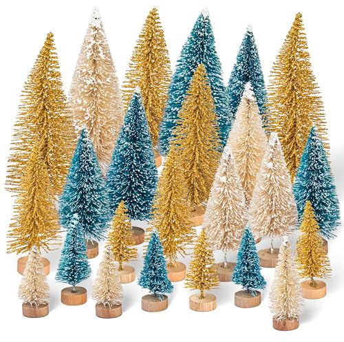 Btowin VCF Lot de 30 mini sapins de Noël artificiels en sisal avec base en bois et gel - 3 couleurs - Décoration de table