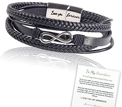 To My Grandson Braided Leather Bracelet, Infinity Bracelet for Men, Silver Bracelet Leather Rope Bracelet Men Bracelet Leather and Steel Magnetic Braided Cuff Bracelet Christmas Gift