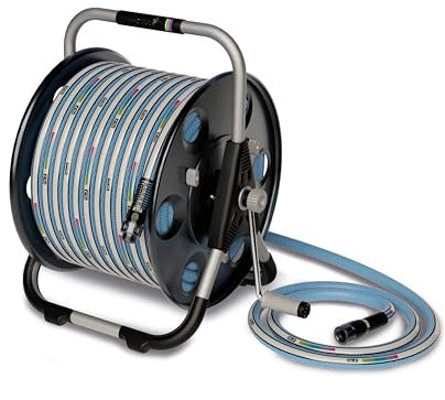 FITT Quantum langlebige, bewegliche Metall-Schlauchtrommel für Boden- oder Wandmontage, mit langlebigem, knicksicherem und ultraflexiblem NTS-Wasserschlauch, 30 m x 1,6 cm