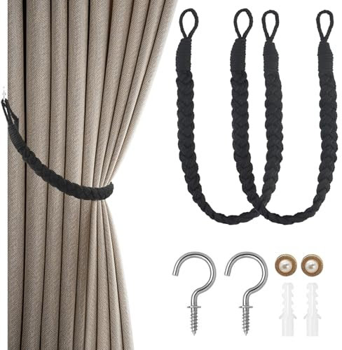 Lot de 2 embrasses de rideaux noires, Attaches de Rideaux Tissées à la Main, Attaches de Corde de Rideau Tricotées, Accessoires de Rideaux Tricotés pour la Décoration Intérieure et Extérieure
