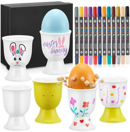 Sinmoe 6er Set Eierbecher zum Bemalen Eierbecher aus Porzellan Weiß Con 12 Stück 24 Farben Porzellanstifte und Geschenkbox Keramik Bemalen Set DIY Geschenk für Muttertag Vatertag Abschied