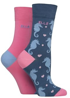 ELLE Ladies Soft, Breathable & Cooling Bamboo Patterned and Plain Colourful Socks in a Multipack of 2 Pairs (UK, Numeric, 4, 8, Regular, Regular, Seafarer)
